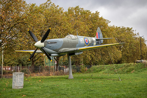 Ickwell, Bedfordshire, England - September 06, 2020:Vintage Supermarine Spitfire MK Vc G-AW11 AR501  in flight  close up.