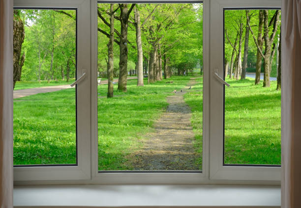 istock View from the window, rural road, path in a field. 1859682640