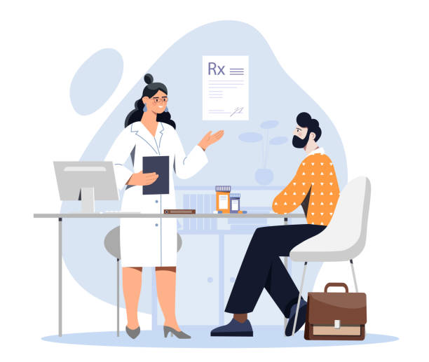 Doctor writing recipe vector concept Doctor writing recipe concept. Woman in medical uniform with patient. Girl give prescription to man. Health care and treatment, medicine. Cartoon flat vector illustration isolated on white background giving medication stock illustrations