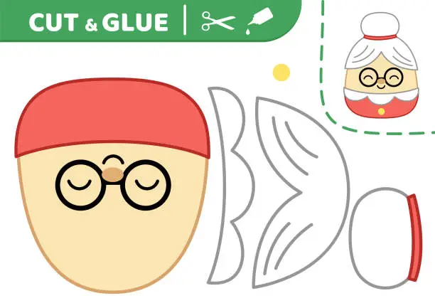 Vector illustration of Mrs Claus, grandmother, granny. Cut and glue. Squishmallow. Applique. Paper game. Vector