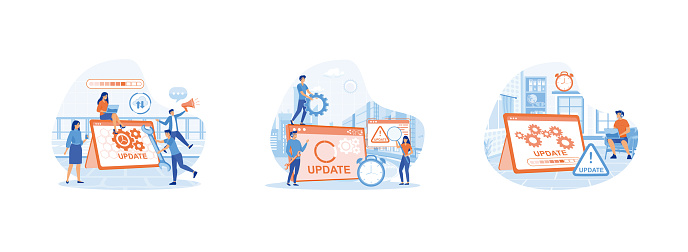 System updates, Tiny programmers upgrading operating system, The programmer behind the computer screen. System Update 1 set flat vector modern illustration
