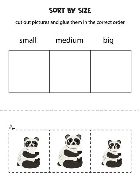 Vector illustration of Sort cute big panda by size. Educational worksheet for kids.