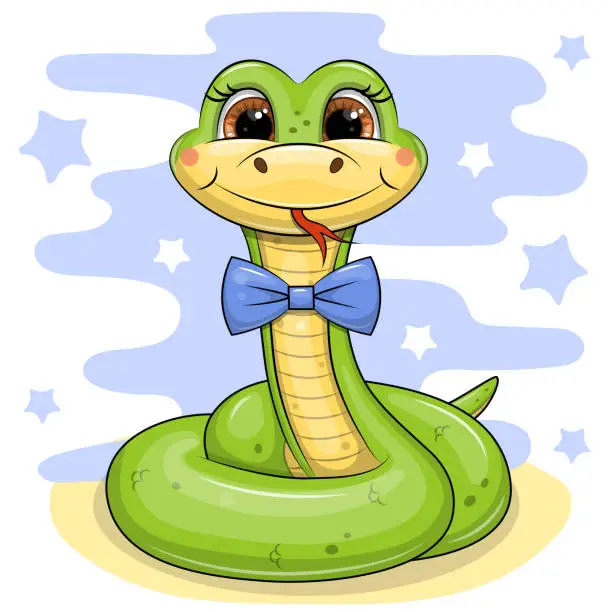 Vector illustration of Cute cartoon green snake with a blue bow tie and glasses.