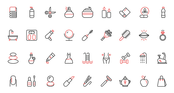 Red black thin line icons set for beauty cosmetics and skin care, including makeup, natural herbal lotion cream, healthy massage, candle spa relax for body health, salon therapy vector illustration.