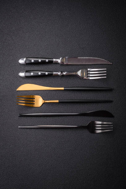 istock Kitchen knife and fork made of steel with copy space 1859706472