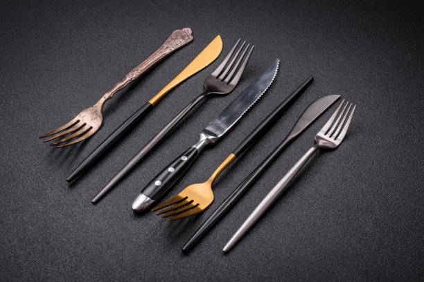 istock Kitchen knife and fork made of steel with copy space 1859712248