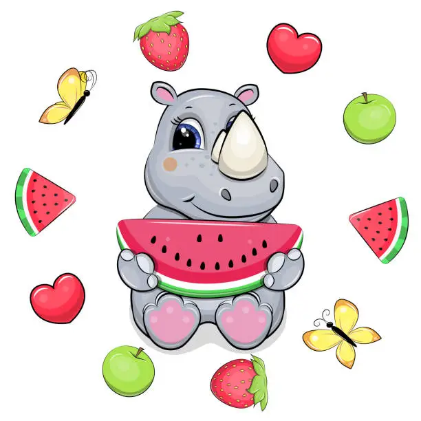 Vector illustration of Cute cartoon rhino with watermelon in fruit frame.