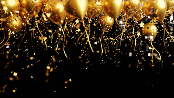 istock Gold balloons with foil confetti falling on black background 3d render 1859716158