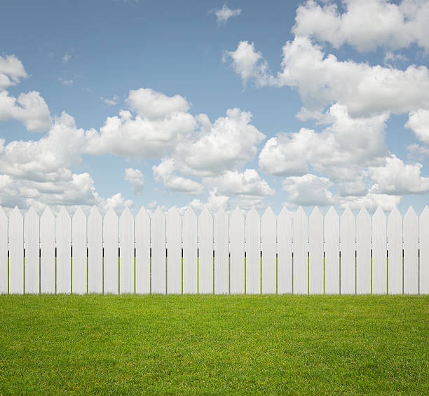 Empty back yard background Close up of white fence on the grass with copy space picket fence stock pictures, royalty-free photos & images