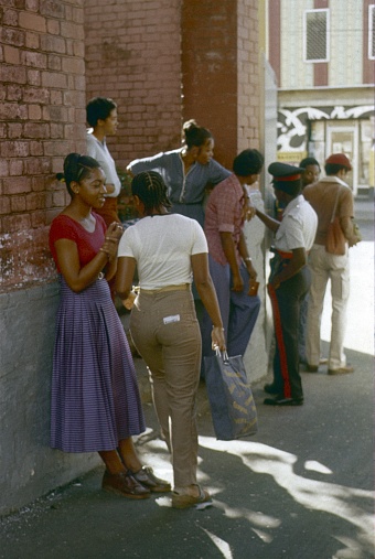 Nassau, Bahamas, 1978. Young people on a street corner in Nassau, Bahamas.