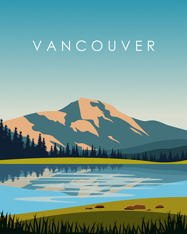 Vector illustration. Vancouver. Design for poster, vertical banner, postcard. Tourism, travel, adventure, nature.