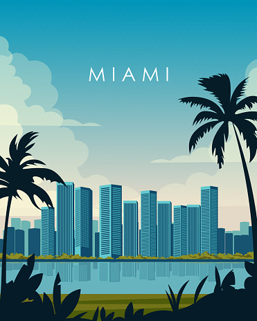 Vector illustration. Miami, USA. Poster, banner, postcard design. Tourism, travel.