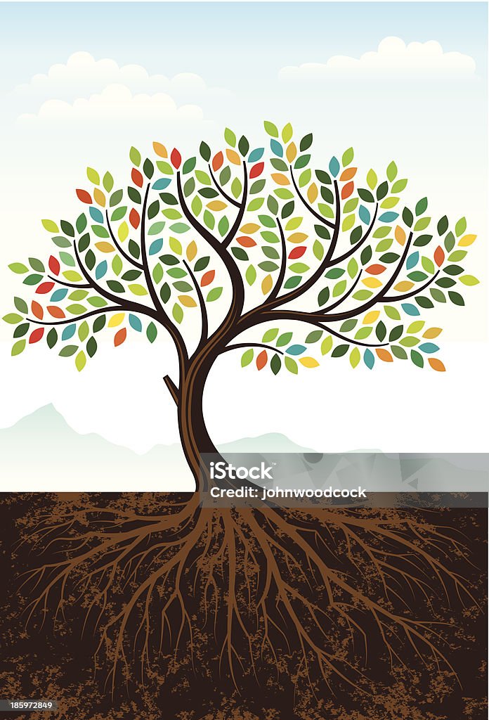 Elegant colourful tree A tree and roots illustration, with a subtle background. Tree stock vector