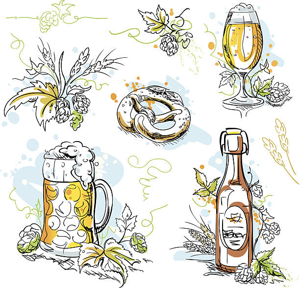 Beer Hop Pretzel Ink Drawings Set with hand drawn vector illustrations of beer and hop design elements in ink & watercolor style. Organized in groups and layers for easy editing. Ink art can be used without color details and splashes as well. Strokes are expanded. water colour beer hops stock illustrations