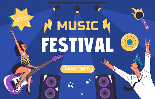 Music festival poster. Man and woman with electric guitar near scene. Energetic sound and waves. Traditional holiday and festival. Invitation postcard design. Cartoon flat vector illustration