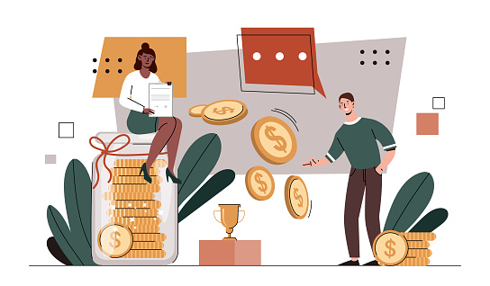 Money remuneration concept. Man and woman with golden coins. Financial literacy and occupation, passive income. Workers and freelancers with wages and earnings. Cartoon flat vector illustration