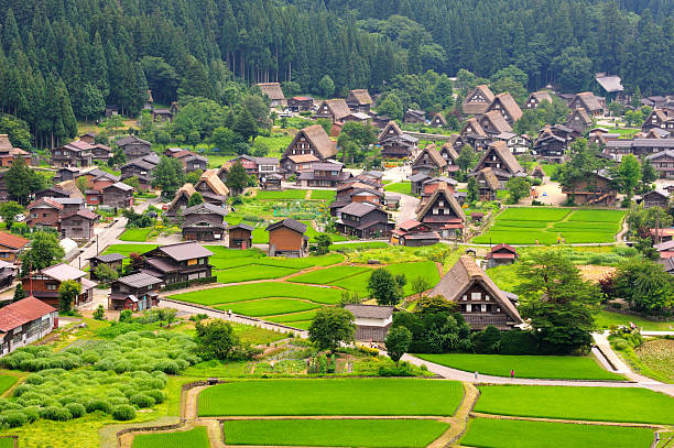 An aerial view of the Shirakawago Village, located in Japan World Heritage "Shirakawago Village", Japan gifu prefecture stock pictures, royalty-free photos & images