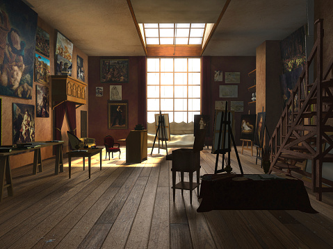 Set in Paris around 1926, this is a computer generated image of an artist's studio as the morning sun comes pouring in.