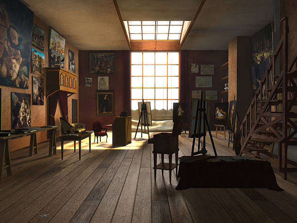 Morning Sunlight_01 Set in Paris around 1926, this is a computer generated image of an artist's studio as the morning sun comes pouring in. psi stock pictures, royalty-free photos & images