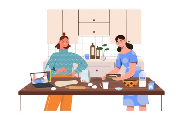 Vector illustration of Girlfriends cooking at kitchen vector