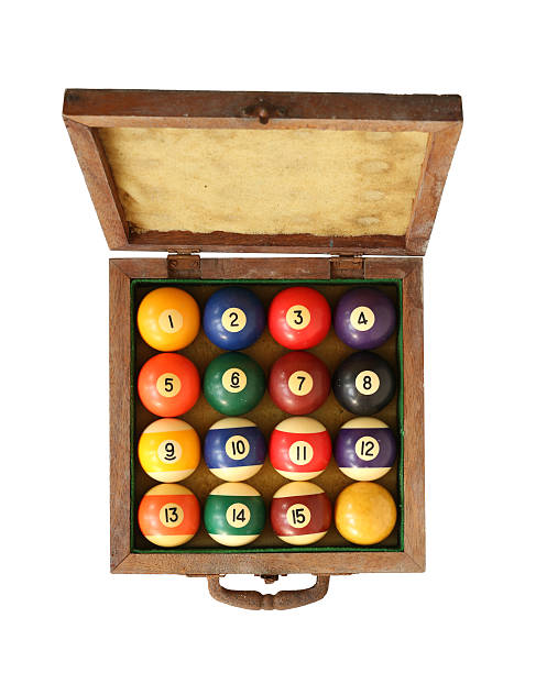 Billiard balls in wooden box Billiard balls (pool balls) in wooden box isolated on white background number 12 pool ball ball number stock pictures, royalty-free photos & images