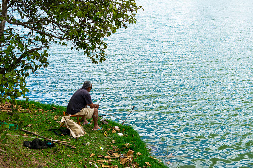 Belo Horizonte. Minas Gerais. Brazil. Fishermen on the edge of Pampulha Lagoon. Trees and beautiful blue sky with clouds. Belo Horizonte. Minas Gerais. Brazil.