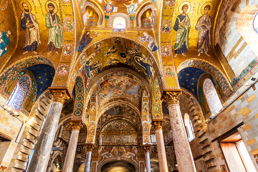 Palermo, Sicily, Italy - November 13, 2023: Ceiling of the Byzantine Church of St. Mary of the Admiral, Martorana, Sicily, Palermo, Italy.