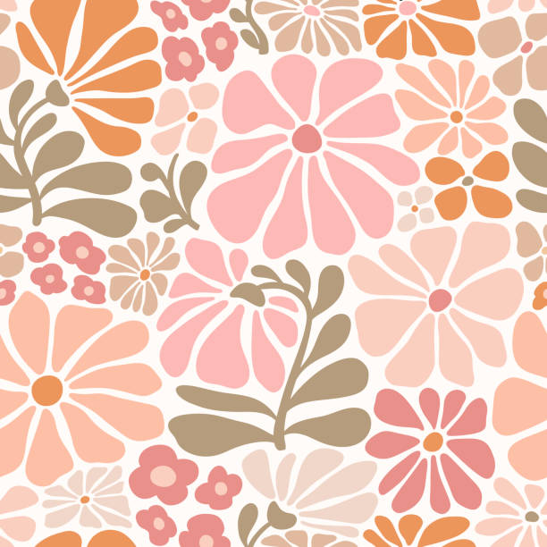 seamless vector pattern with hand drawn groovy vintage flowers. perfect for textile, wallpaper or print design. - bunga ilustrasi stok