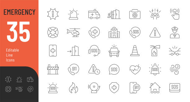 ilustraciones, imágenes clip art, dibujos animados e iconos de stock de conjunto de iconos editables de emergencia. - ambulancia