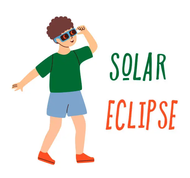 Vector illustration of Illustration of an excited little boy wearing protective glasses as he watches an eclipse. Flat vector illustration.