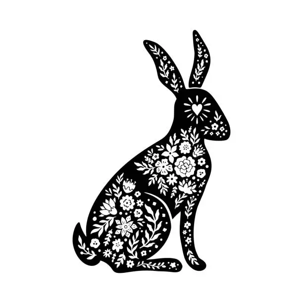 Vector illustration of Easter floral rabbit silhouette in linocut style. Cute bunny shape, flower, leaves. Vector folk art illustration isolated on white background. Bloom linocut rabbit icon for logo, social media, print