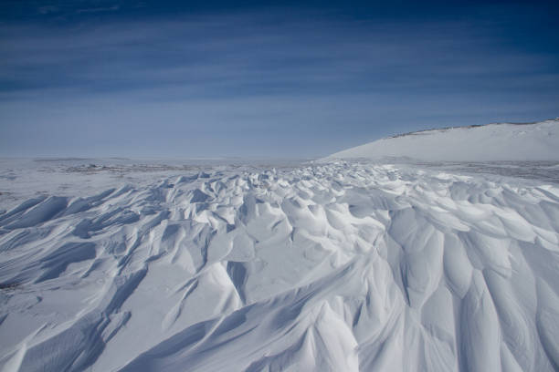istock Beautiful sastrugi patterns, parallel wavelike ridges caused by winds on surface of hard snow 1859810270