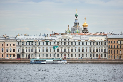 Saint Petersburg, Russia - May 27, 2021: Neva River and buildings on the embankment