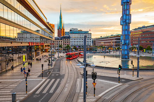 Stockholm, Sweden - 24 June, 2023: Sergel's Square (Sergels Torg) in Stockholm city centre. People walking on street.