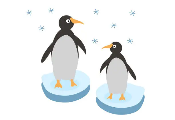 Vector illustration of Funny Antarctic wild animals, penguins standing on ice. Colourful vector illustration in flat style.