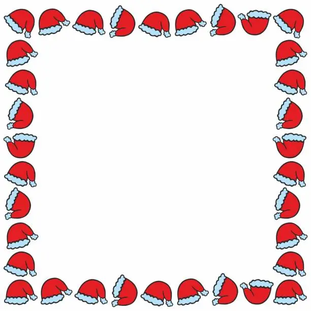 Vector illustration of Frame with Santa Claus hats isolated on white background. New Year or Christmas red cap.