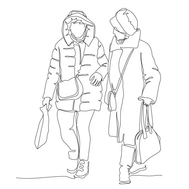 Vector illustration of 2 women in warm clothes talking on cold winter day outdoors. Single line drawing. Black and white vector illustration in line art style.