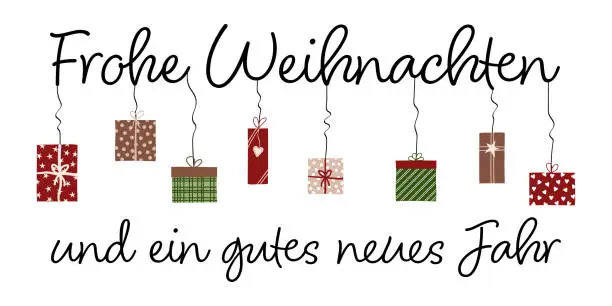 Vector illustration of Frohe Weihnachten und ein gutes neues Jahr - text in German language - Merry Christmas and a Happy New Year.   Greeting card with colorful gift packages.