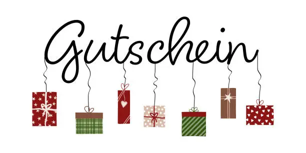 Vector illustration of Gutschein - text in German language - Voucher. Voucher card with colorful gift packages.