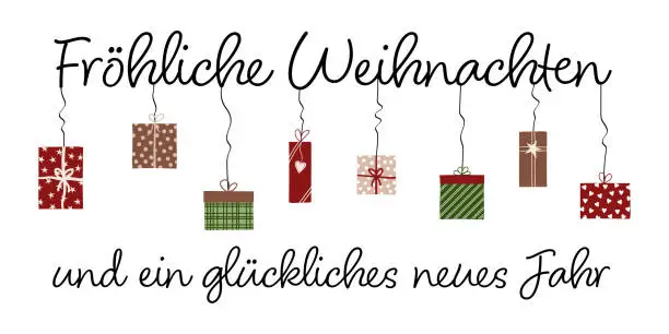 Vector illustration of Fröhliche Weihnachten und ein glückliches neues Jahr - text in German language - Merry Christmas and a Happy New Year. Greeting card with colorful gift packages.