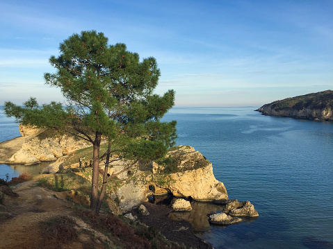 Seascape. Rocky coastline sea and sky background. High cliff by the sea