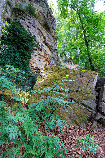 Huge moss-covered rock on a hill in Teufelsschlucht nature reserve, rocky landscape with slope of an eroded rock formation and sunlit green trees in background, sunny day in Irrel, Germany