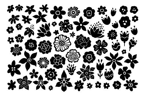 Black Flowers Linocut Graphic Set. Monochrome Daisy, Rose and Peony Elegant Botanical Collection. Spring Blossom Vector Icons Isolated on White Background. Cute Flowers for Logo, Invitation, Branding.