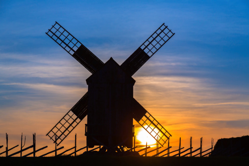 Silhouette wooden windmill in Angla, Saaremaa Island, Estonia