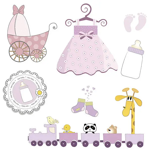 Vector illustration of baby girl items set isolated on white background