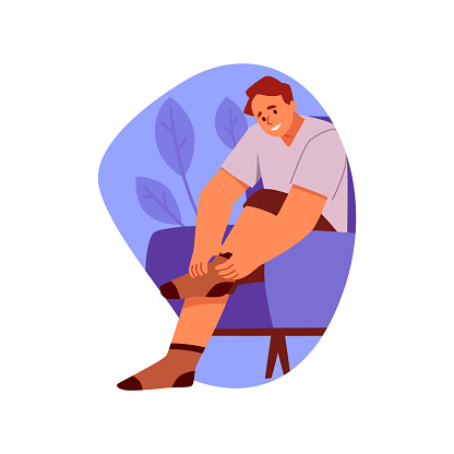 Man putting on socks while sitting in chair, flat cartoon vector illustration isolated on white background. Happy male character in a store or home sits in a armchair and gets dressed