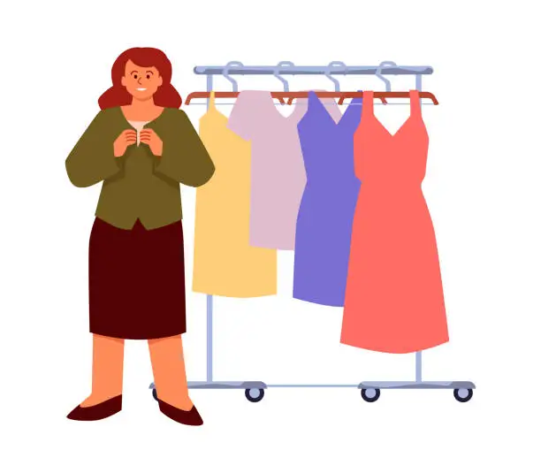 Vector illustration of Woman dressing and trying on clothes, flat cartoon vector illustration