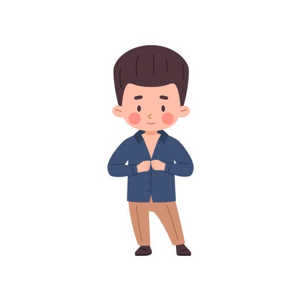 Little boy dressing up, cartoon vector illustration isolated on white Little boy dressing up, cartoon vector illustration isolated on white background. Happy male child puts on a shirt and buttons up. Picture for childrens or education design boy getting dressed for school stock illustrations