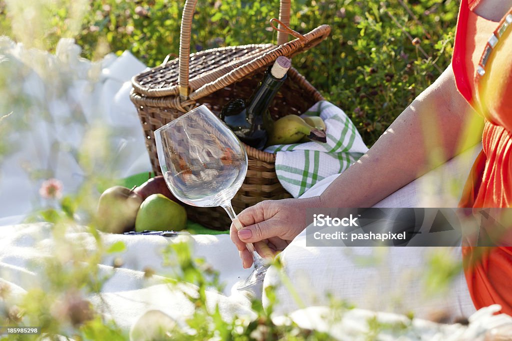 Picnic in sunny summer day Woman holding empty wineglass, outdoor Adult Stock Photo