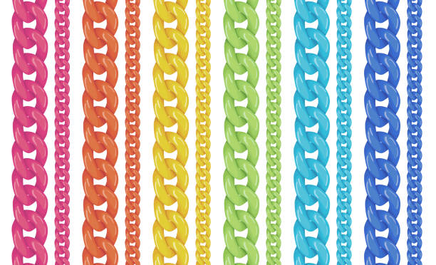 ilustraciones, imágenes clip art, dibujos animados e iconos de stock de ilustración vectorial de cadenas plásticas aislada sobre fondo blanco, diseño moderno colorido de bijouterie, cadenas de plástico de colores del arco iris, concepto de joyería rojo amarillo, azul verde - chunky jewelry